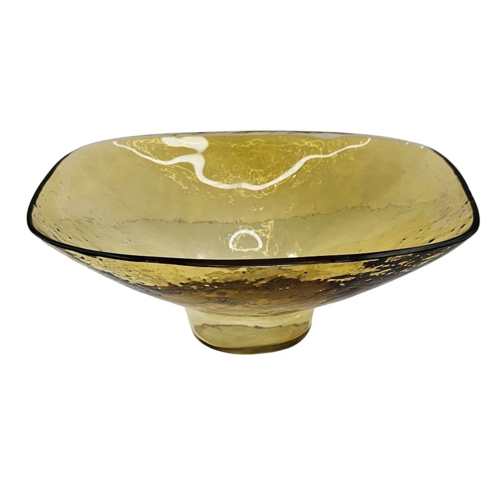 Vintage Pebbled Glass Bowl Large Decorative Pedestal Bubble Recycled Amber MCM